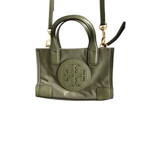 Tory Burch Womens Green Ella Nylon Faux Leather Logo Tote Crossbody Bag Mini